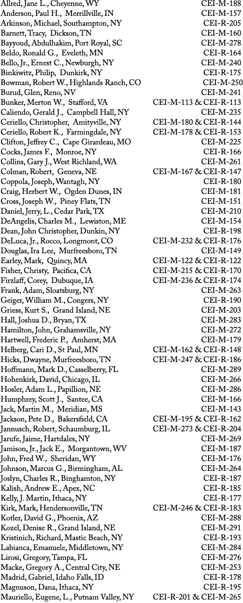 Allred, Jane L., Cheyenne, WY CEI M 188 Anderson, Paul H., Merrillville, IN CEI M 157 Arkinson, Michael, Southampton,...