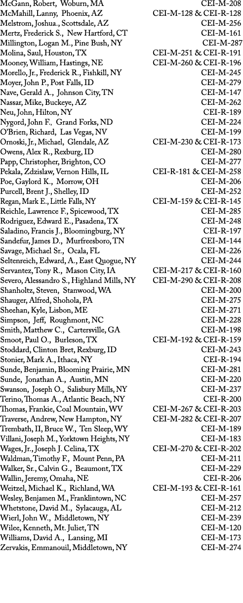 McGann, Robert, Woburn, MA CEI M 208 McMahill, Lanny, Phoenix, AZ CEI M 128 & CEI R 128 Melstrom, Joshua., Scottsdale...