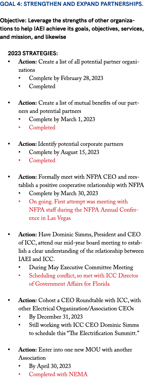 Goal 4: Strengthen and expand partnerships. Objective: Leverage the strengths of other organizations to help IAEI ach...