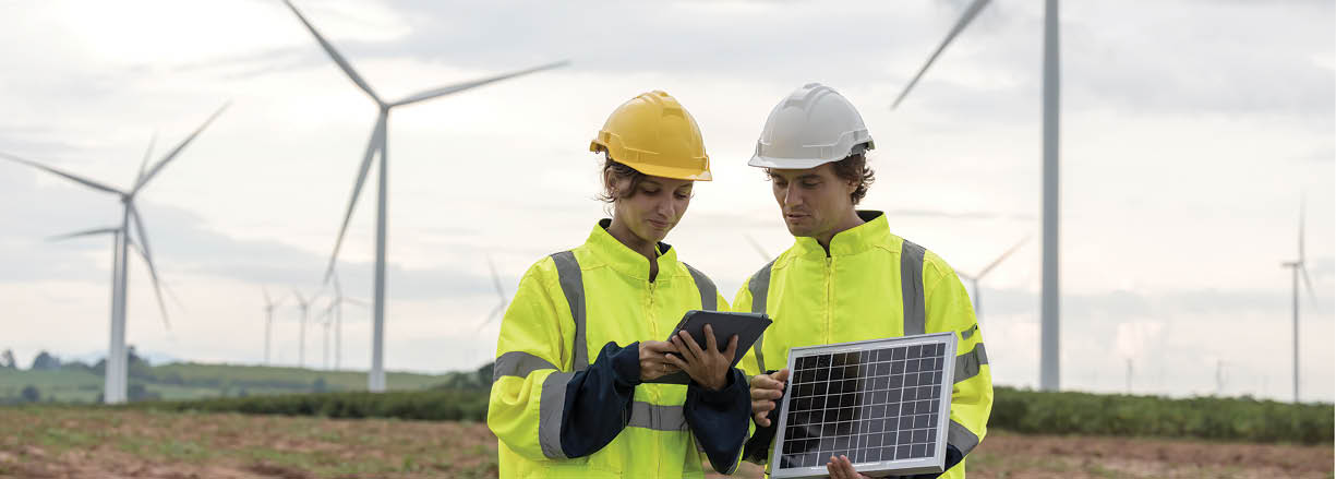 Engineering holding Solar panel. Engineers survey and checking wind turbines in sunset. Wind Turbine Renewable energy technology and sustainability.