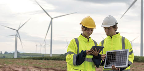 Engineering holding Solar panel. Engineers survey and checking wind turbines in sunset. Wind Turbine Renewable energy technology and sustainability.