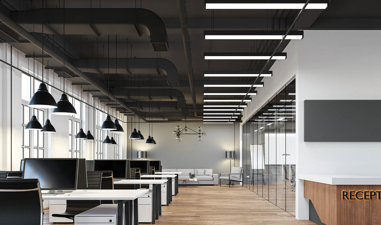 Modern loft style office interior 3d render.There are white and gray wall,old wood floor,black ceiling with building system pipe.