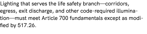 Lighting that serves the life safety branch—corridors, egress, exit discharge, and other code required illumination—m...