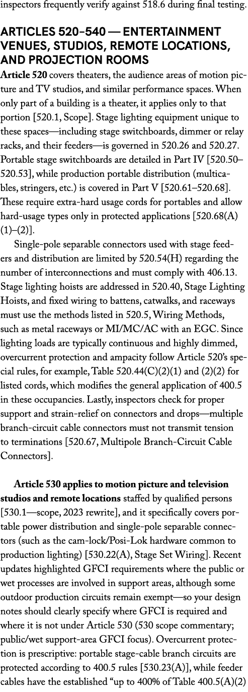 inspectors frequently verify against 518.6 during final testing. Articles 520–540 — Entertainment Venues, Studios, Re...