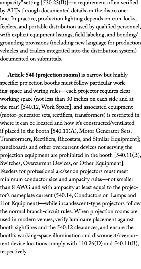 ampacity” setting [530.23(B)]—a requirement often verified by AHJs through documented details on the distro one line....