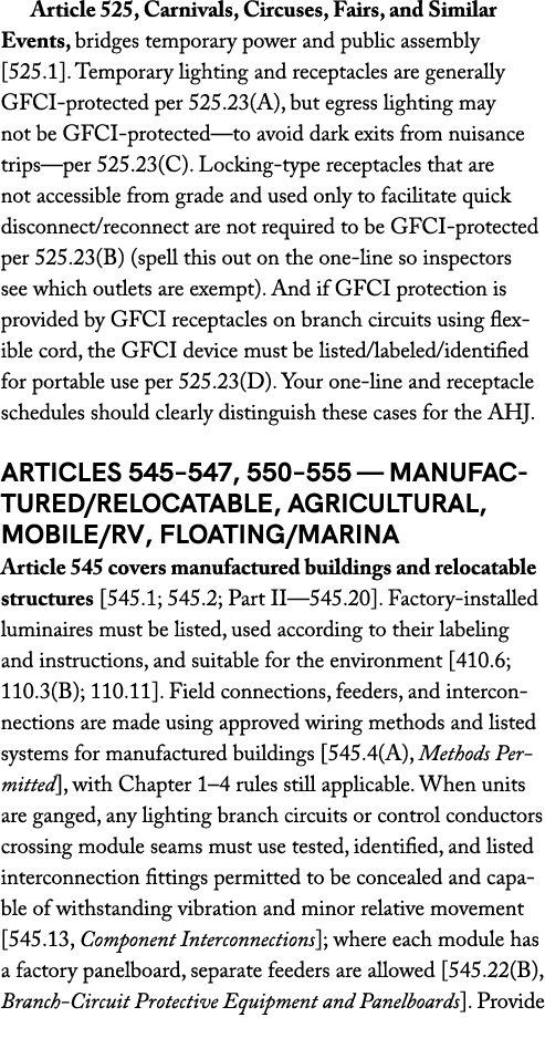 Article 525, Carnivals, Circuses, Fairs, and Similar Events, bridges temporary power and public assembly [525.1]. Tem...