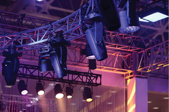 Lighting truss structures and professional stage light fixtures. Selective focus.