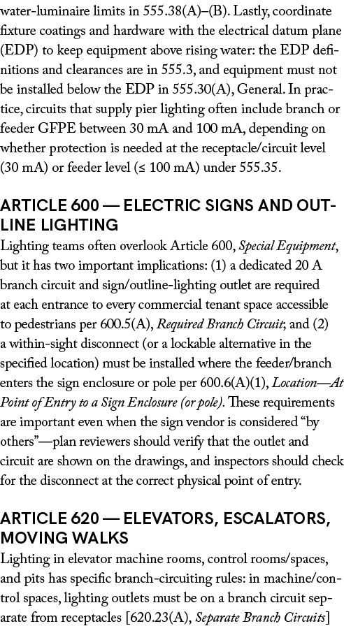 water luminaire limits in 555.38(A)–(B). Lastly, coordinate fixture coatings and hardware with the electrical datum p...