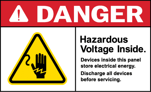 Hazardous voltage inside danger sign. Devices in this panel store electrical energy. Safety signs and labels.
