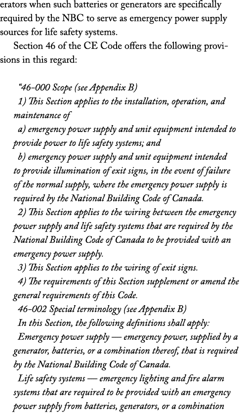 erators when such batteries or generators are specifically required by the NBC to serve as emergency power supply sou...