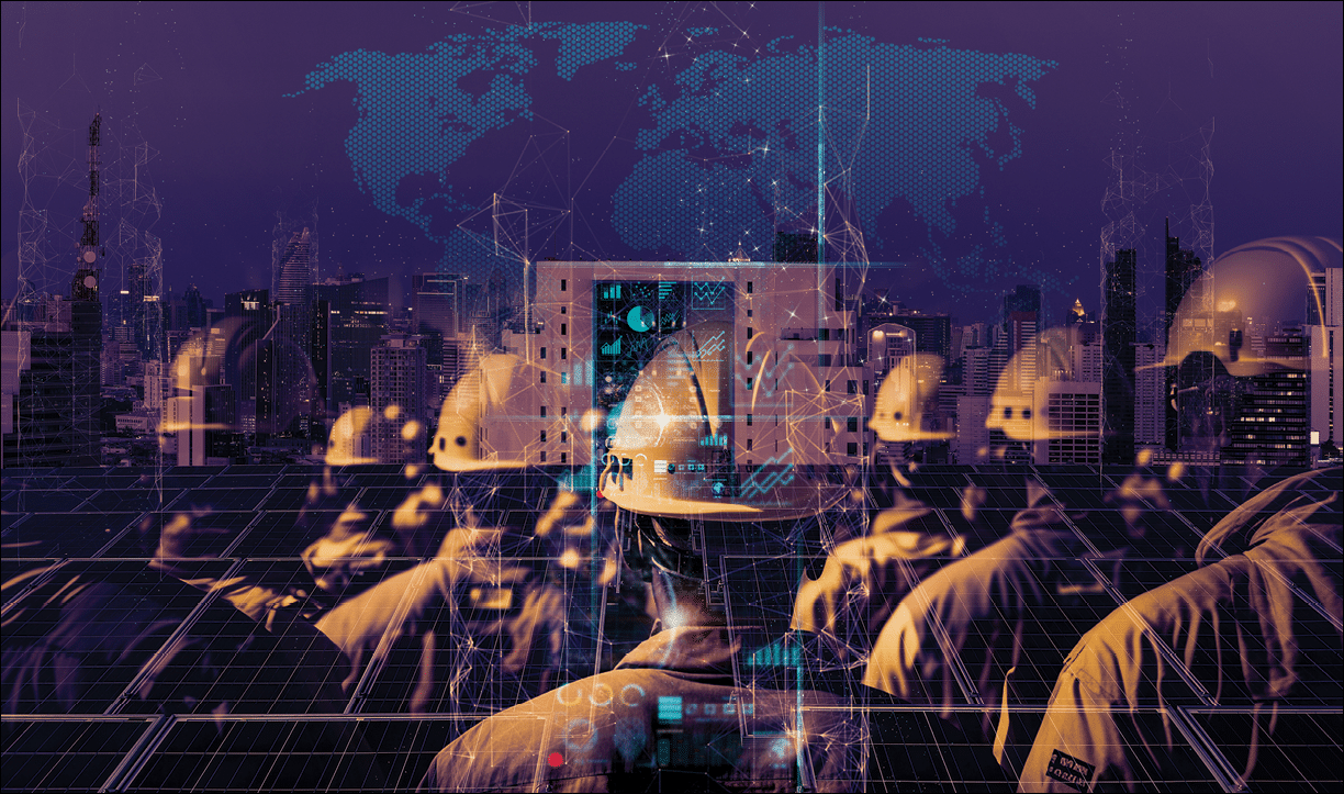 Concept of collaboration to change the world to reduce global warming,energy sources for renewable,sustainability by alternative energy.Double exposure of engineer team night city,generative ai.