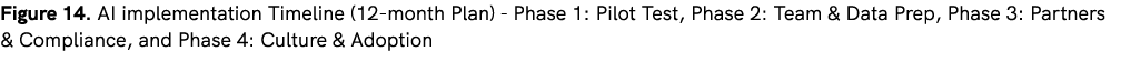 Figure 14. AI implementation Timeline (12 month Plan) Phase 1: Pilot Test, Phase 2: Team & Data Prep, Phase 3: Partne...