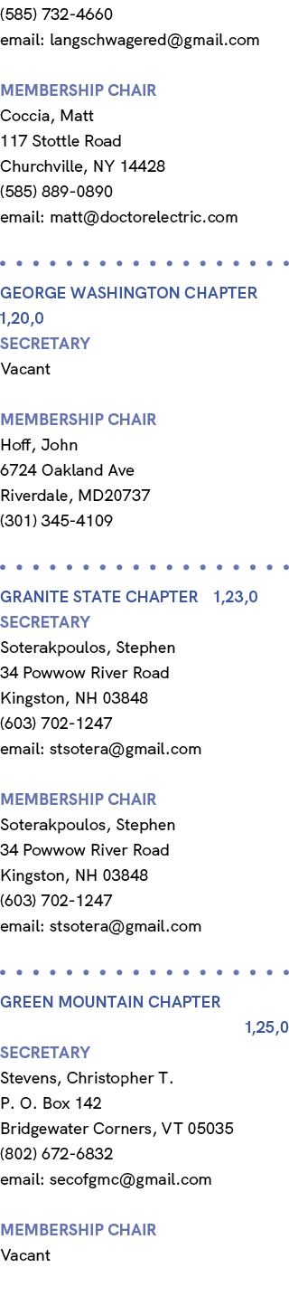 (585) 732 4660 email: langschwagered@gmail.com membership chair Coccia, Matt 117 Stottle Road Churchville, NY 14428 (...