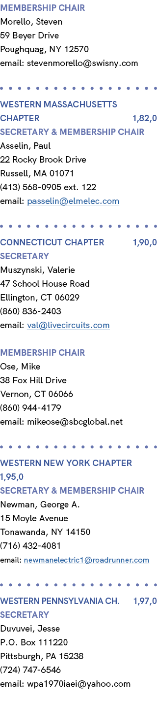 membership chair Morello, Steven 59 Beyer Drive Poughquag, NY 12570 email: stevenmorello@swisny.com Western MassachUs...