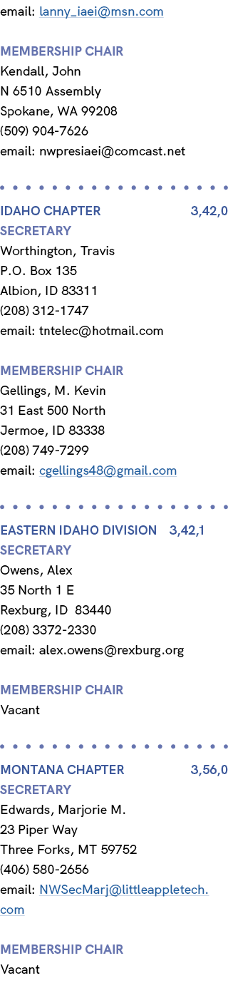 email: lanny_iaei@msn.com membership chair Kendall, John N 6510 Assembly Spokane, WA 99208 (509) 904 7626 email: nwpr...