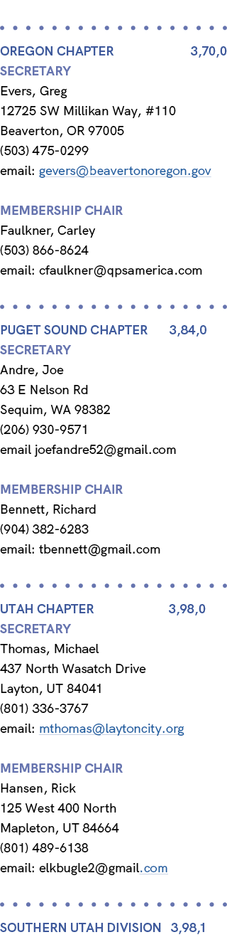  OREGON CHAPTER 3,70,0 Secretary Evers, Greg 12725 SW Millikan Way, #110 Beaverton, OR 97005 (503) 475 0299 email: ge...