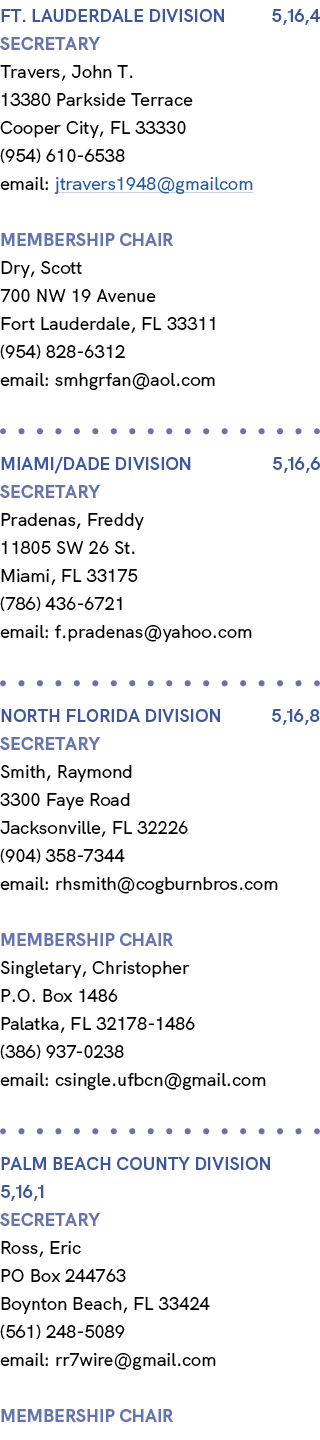 ft. Lauderdale division 5,16,4 Secretary Travers, John T. 13380 Parkside Terrace Cooper City, FL 33330 (954) 610 6538...