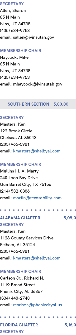 Secretary Allen, Sharon 85 N Main Ivins, UT 84738 (435) 634 9753 email: sallen@ivinsutah.gov membership chair Haycock...