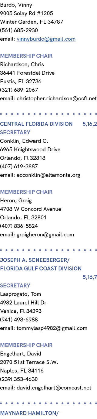 Burdo, Vinny 9005 Solay Rd #1205 Winter Garden, FL 34787 (561) 685 2930 email: vinnyburdo@gmail.com membership chair ...