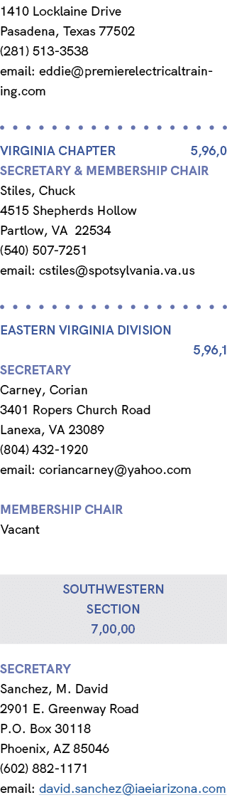 1410 Locklaine Drive Pasadena, Texas 77502 (281) 513 3538 email: eddie@premierelectricaltraining.com VIRGINIA Chapter...