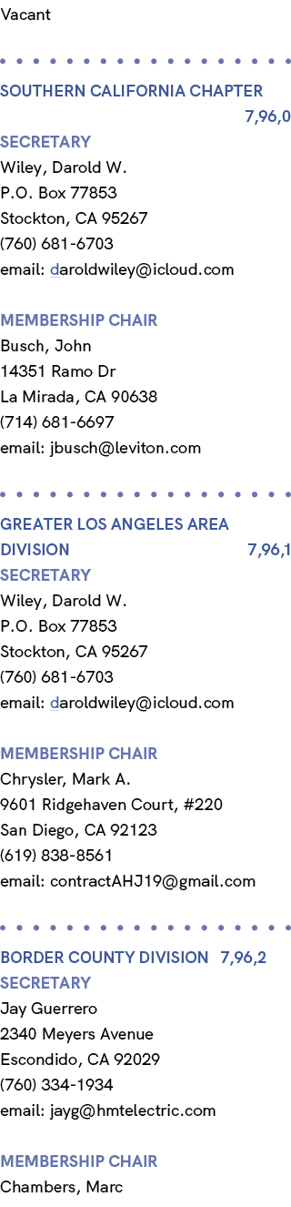 Vacant SOUTHERN CALIFORNIA Chapter 7,96,0 Secretary Wiley, Darold W. P.O. Box 77853 Stockton, CA 95267 (760) 681 6703...