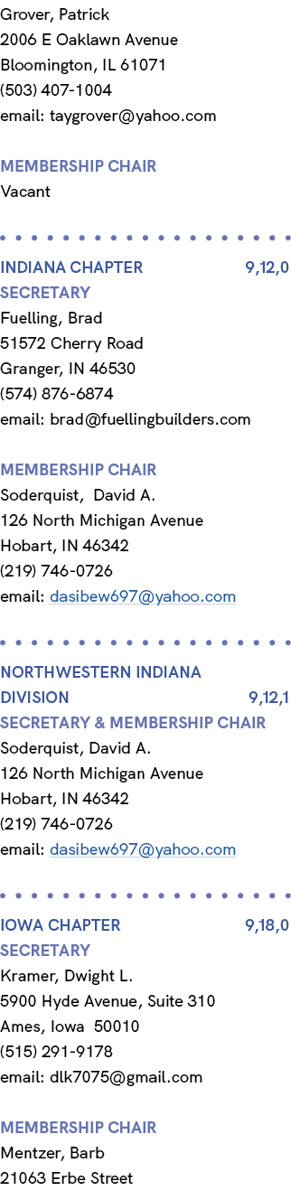 Grover, Patrick 2006 E Oaklawn Avenue Bloomington, IL 61071 (503) 407 1004 email: taygrover@yahoo.com membership chai...
