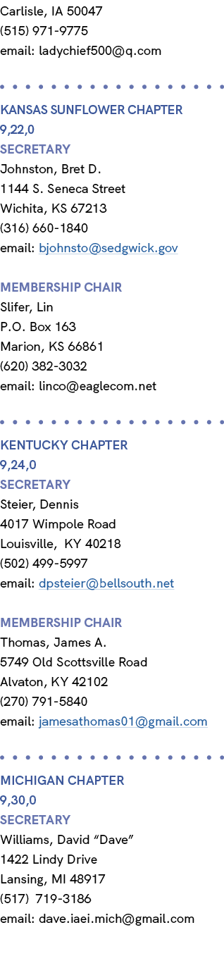 Carlisle, IA 50047 (515) 971 9775 email: ladychief500@q.com KANSAS SUNFLOWER Chapter 9,22,0 Secretary Johnston, Bret ...