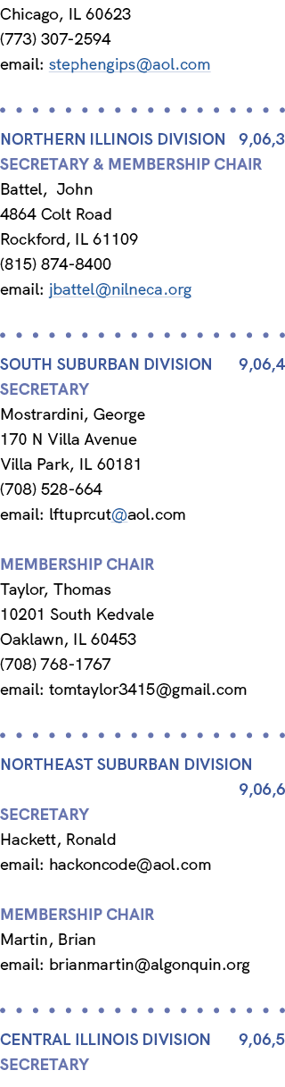 Chicago, IL 60623 (773) 307 2594 email: stephengips@aol.com NORTHERN ILLINOIS Division 9,06,3 Secretary & MEMBERSHIP ...