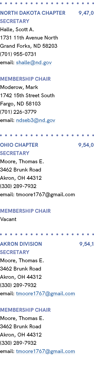  NORTH DAKOTA Chapter 9,47,0 Secretary Halle, Scott A. 1731 11th Avenue North Grand Forks, ND 58203 (701) 955 0731 em...