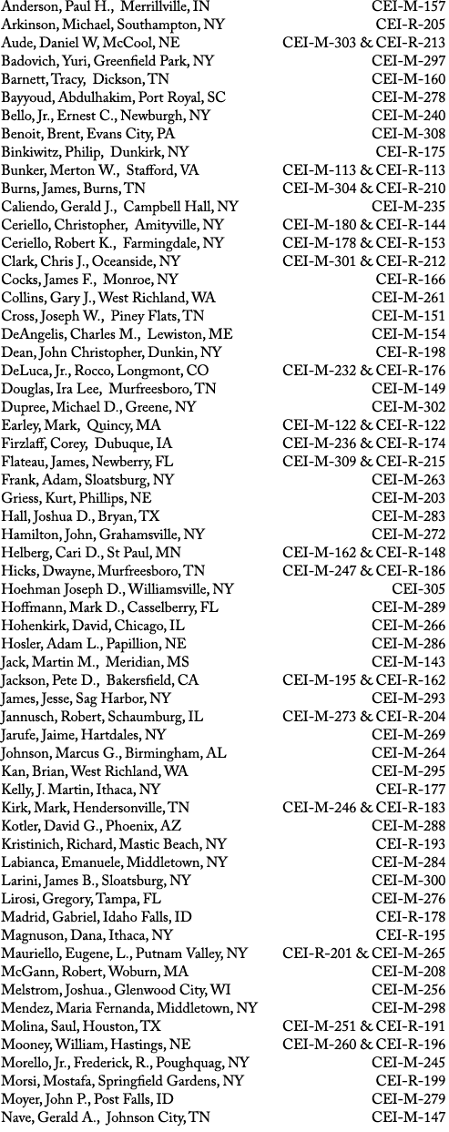 Anderson, Paul H., Merrillville, IN CEI M 157 Arkinson, Michael, Southampton, NY CEI R 205 Aude, Daniel W, McCool, NE...
