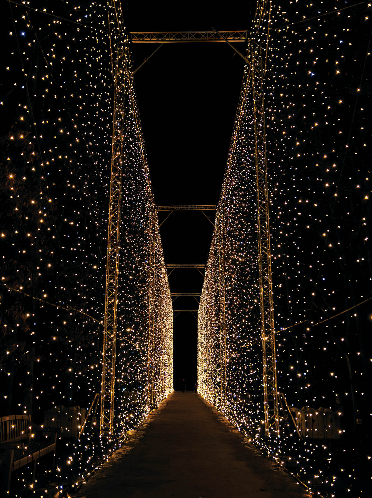 Beautiful Christmas lights decorations on the street in Gdansk. Shiny lights in the Oliwa park at night