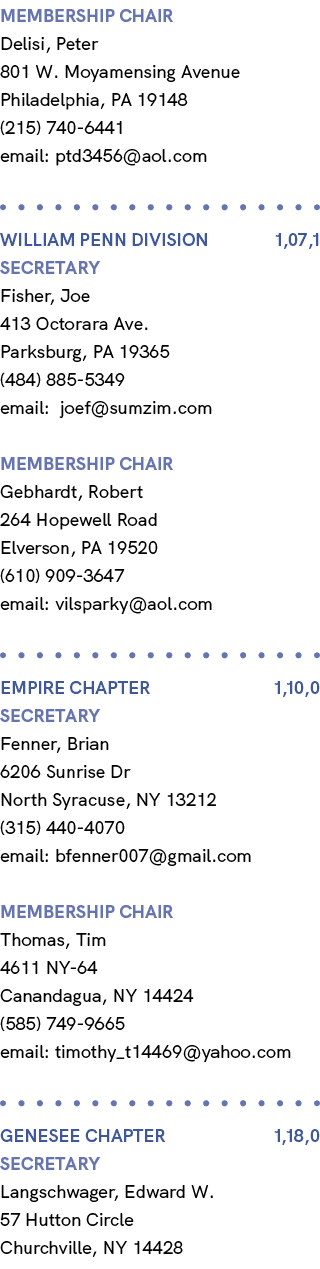 membership chair Delisi, Peter 801 W. Moyamensing Avenue Philadelphia, PA 19148 (215) 740 6441 email: ptd3456@aol.com...