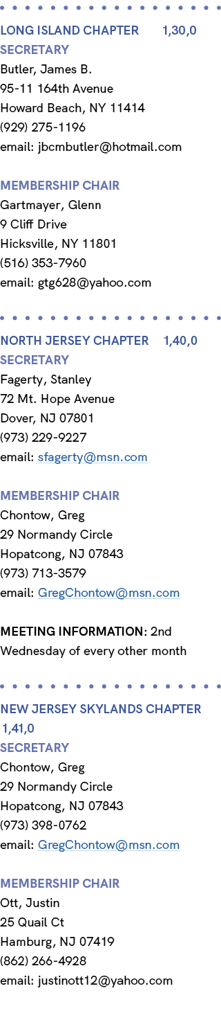  LONG ISLAND CHAPTER 1,30,0 Secretary Butler, James B. 95 11 164th Avenue Howard Beach, NY 11414 (929) 275 1196 email...