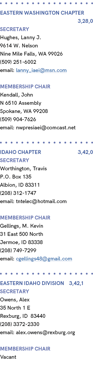  EASTERN WASHINGTON Chapter 3,28,0 Secretary Hughes, Lanny J. 9614 W. Nelson Nine Mile Falls, WA 99026 (509) 251 6002...
