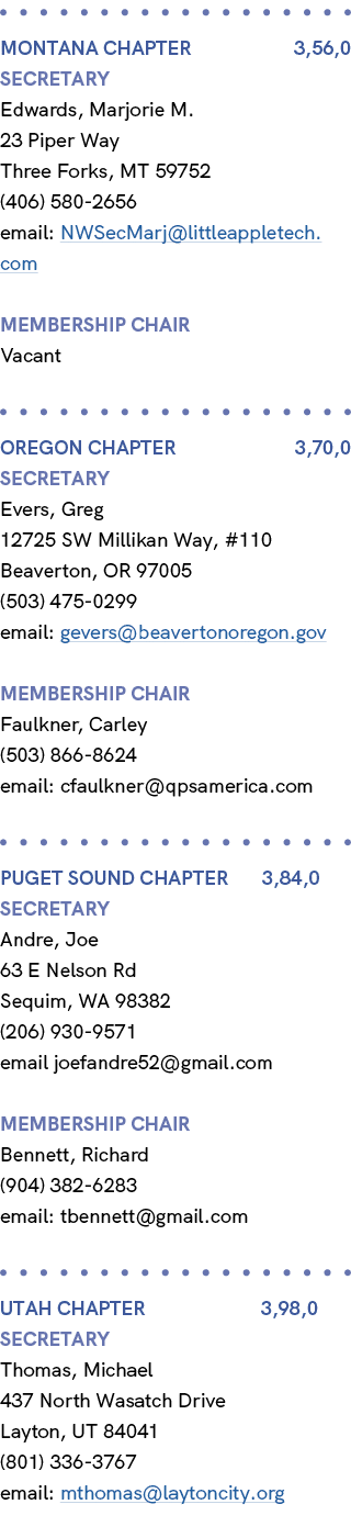  Montana Chapter 3,56,0 Secretary Edwards, Marjorie M. 23 Piper Way Three Forks, MT 59752 (406) 580 2656 email: NWSec...