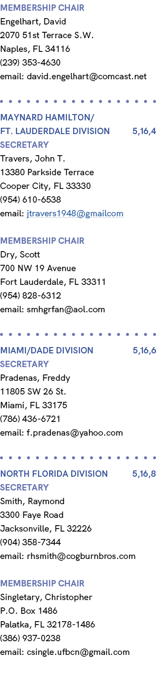 membership chair Engelhart, David 2070 51st Terrace S.W. Naples, FL 34116 (239) 353 4630 email: david.engelhart@comca...