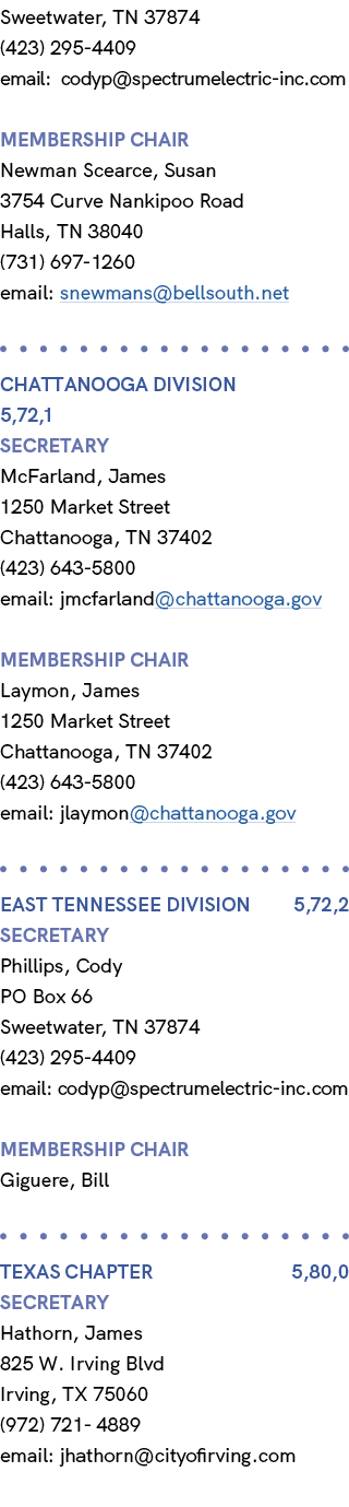 Sweetwater, TN 37874 (423) 295 4409 email: codyp@spectrumelectric inc.com membership chair Newman Scearce, Susan 3754...