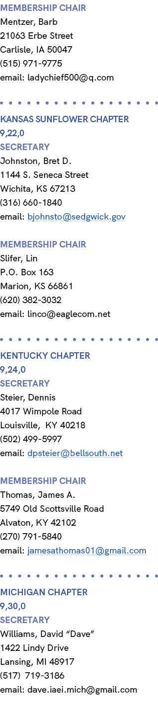membership chair Mentzer, Barb 21063 Erbe Street Carlisle, IA 50047 (515) 971 9775 email: ladychief500@q.com KANSAS S...