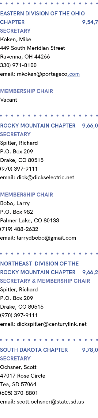  EASTERN Division OF THE OHIO Chapter 9,54,7 Secretary Koken, Mike 449 South Meridian Street Ravenna, OH 44266 330) 9...