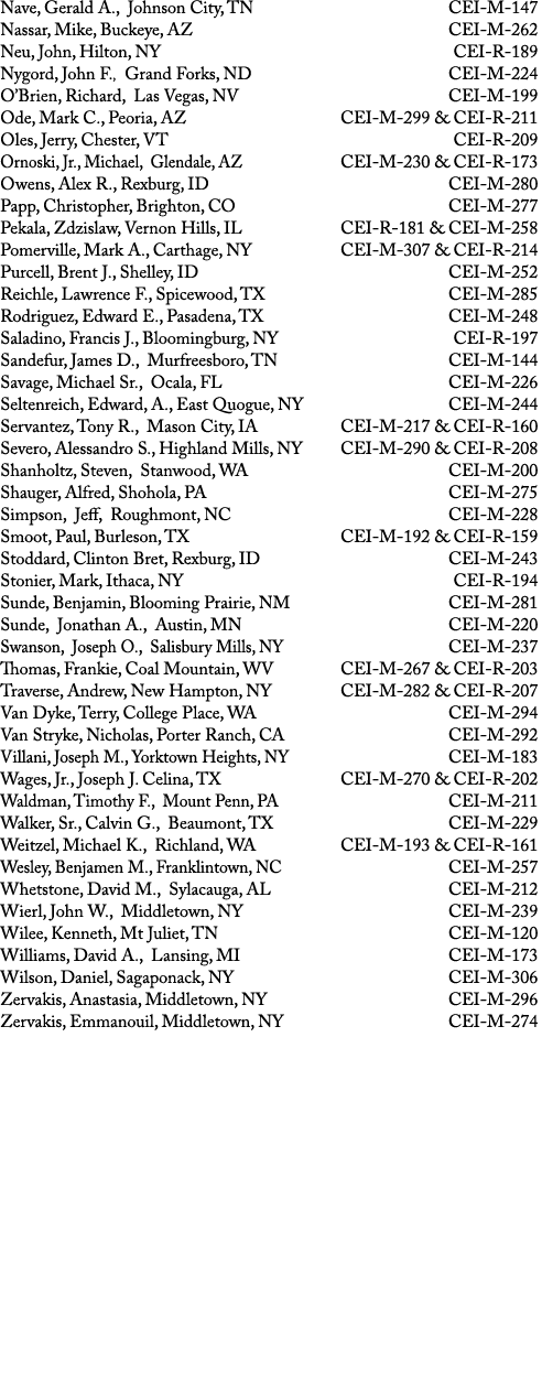 Nave, Gerald A., Johnson City, TN CEI M 147 Nassar, Mike, Buckeye, AZ CEI M 262 Neu, John, Hilton, NY CEI R 189 Nygor...