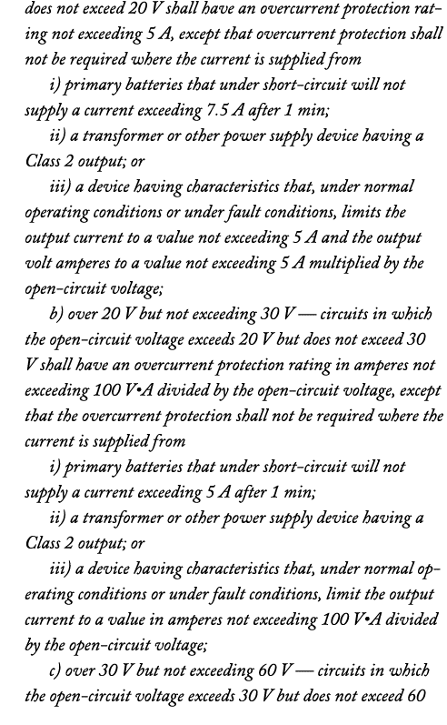 does not exceed 20 V shall have an overcurrent protection rating not exceeding 5 A, except that overcurrent protectio...