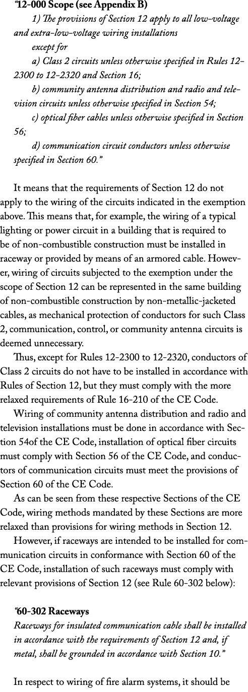“12 000 Scope (see Appendix B) 1) The provisions of Section 12 apply to all low voltage and extra low voltage wiring ...