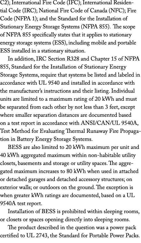 C2); International Fire Code (IFC); International Residential Code (IRC); National Fire Code of Canada (NFC); Fire Co...