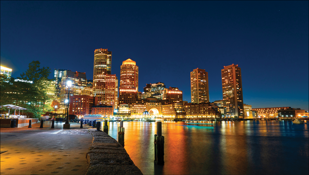 landscape night view of Boston harbor