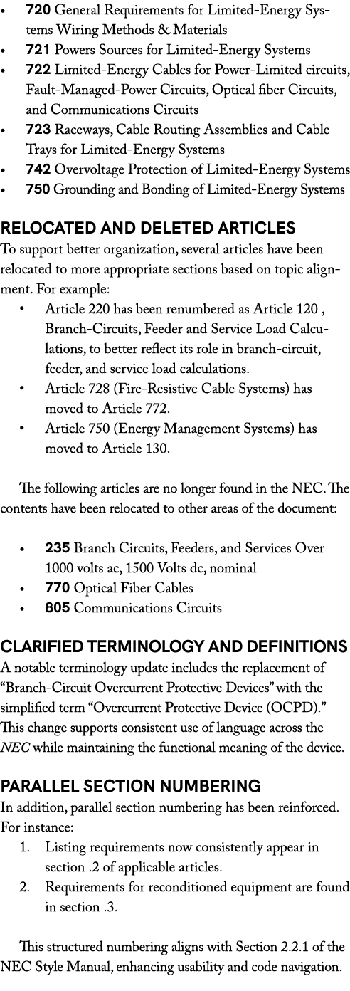 • 720 General Requirements for Limited Energy Systems Wiring Methods & Materials • 721 Powers Sources for Limited Ene...
