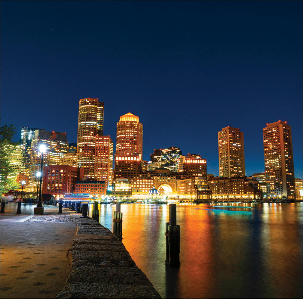 landscape night view of Boston harbor