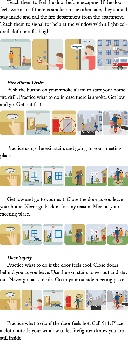 Teach them to feel the door before escaping. If the door feels warm, or if there is smoke on the other side, they sho...