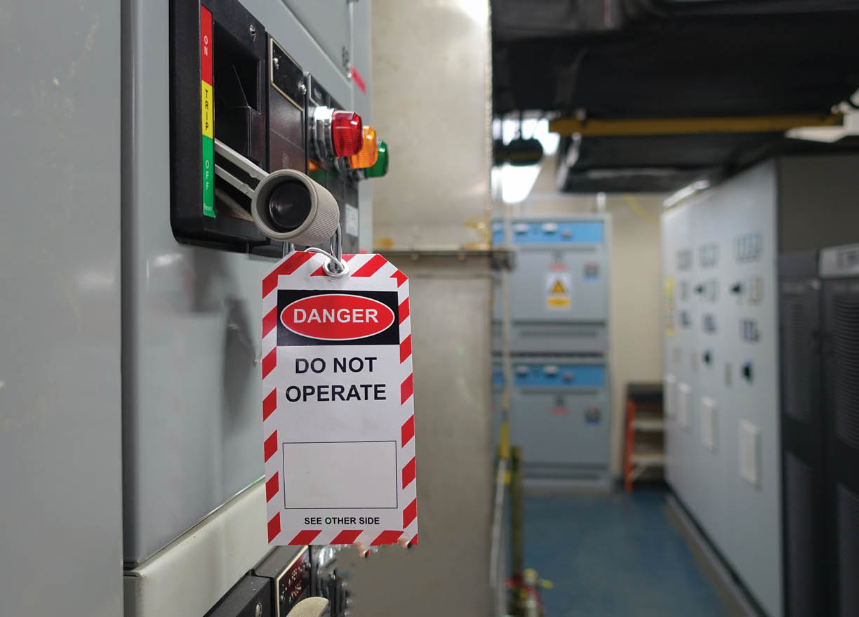 Red, white Lock out & Tag out for Lock station,machine - specific or switch gear roomd evices and safety first point, Cyber security or safety industrial concept.