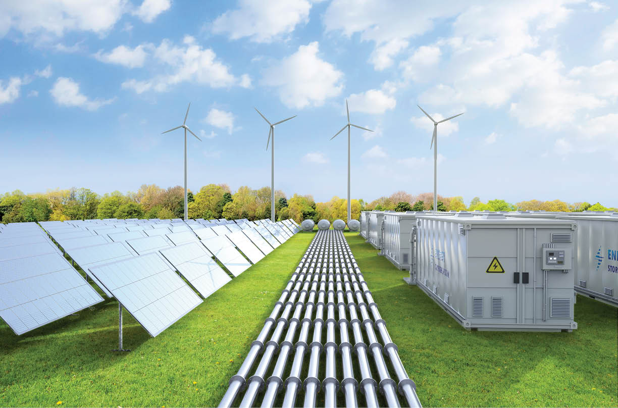 3d rendering amount of energy storage systems or battery container units with solar and turbine farm