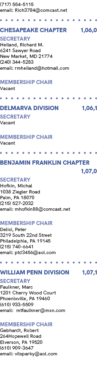(717) 554 5115 email: Rich3784@comcast.net Chesapeake Chapter 1,06,0 Secretary Heiland, Richard M. 6241 Sawyer Road N...